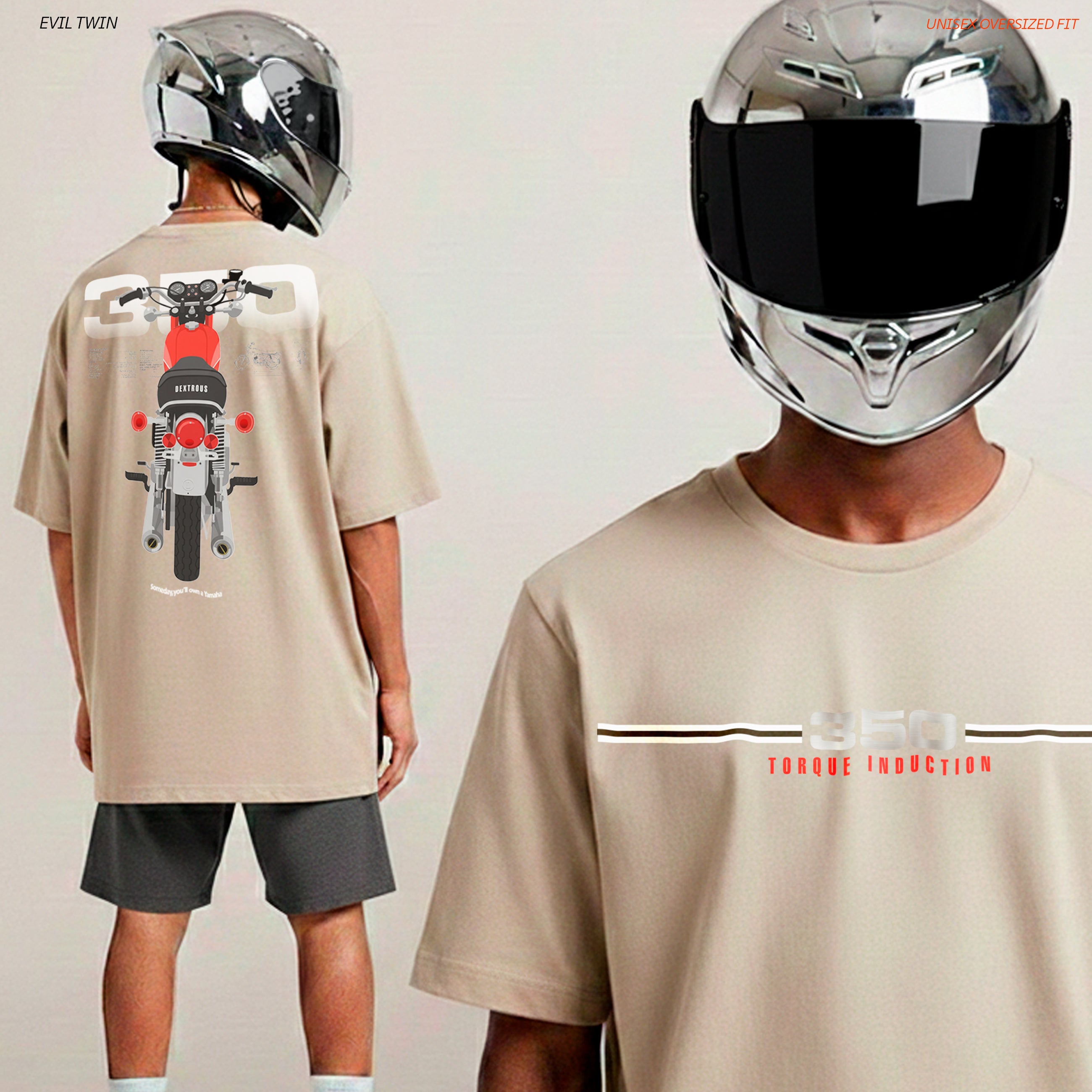 EVIL TWIN | Unisex Oversized – RD350 Inspired Motorsport T-Shirt – Beige