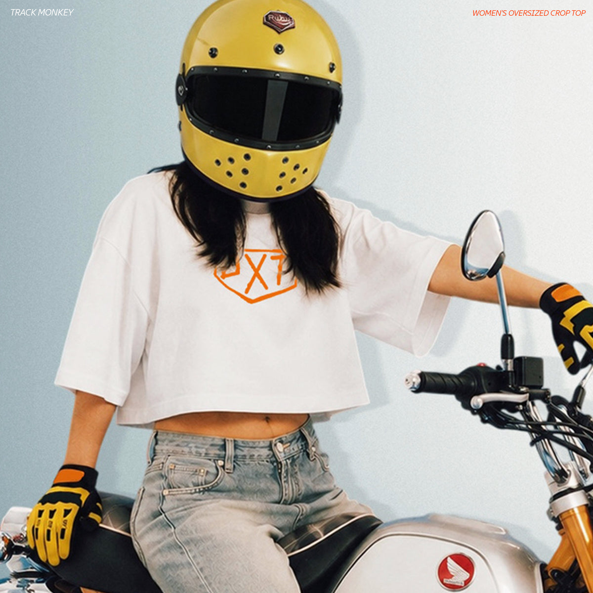 TRACK MONKEY | Women's Oversized Crop – Monkey/Mini Bike Inspired Motorsport T-Shirt – Off-White
