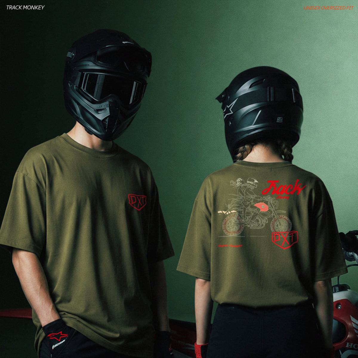 Track Monkey | Unisex Oversized – Monkey/Mini Bike Inspired Motorsport T-Shirt – Olive Green