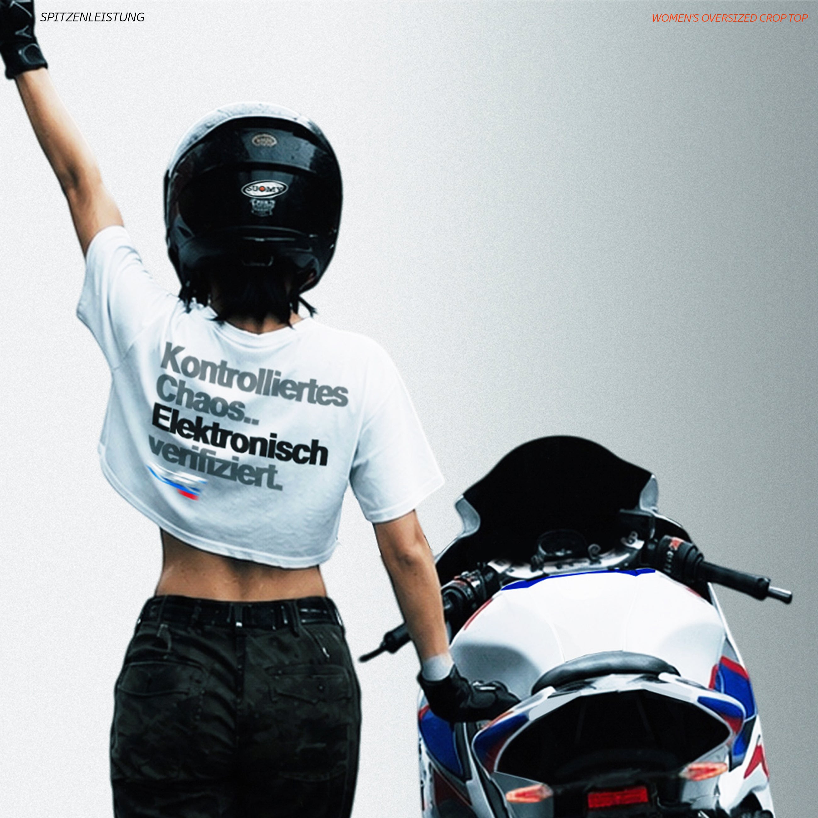 SPITZENLEISTUNG | Women's Oversized Crop – S1000RR Inspired Motorsport T-Shirt – Off-White